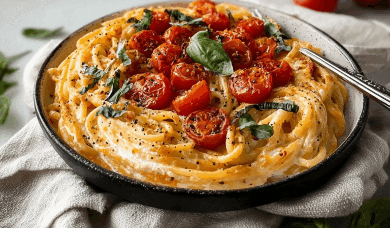 Roasted Tomato and Garlic Ricotta Pasta topped with cherry tomatoes and basil