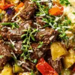 Slow Cooked SUMMER Beef Casserole with colorful vegetables in a white bowl