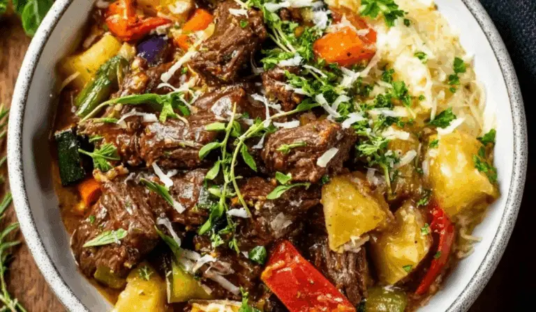 Slow Cooked SUMMER Beef Casserole with colorful vegetables in a white bowl
