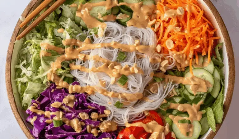 Spring Roll Salad with Peanut Sauce in a bowl