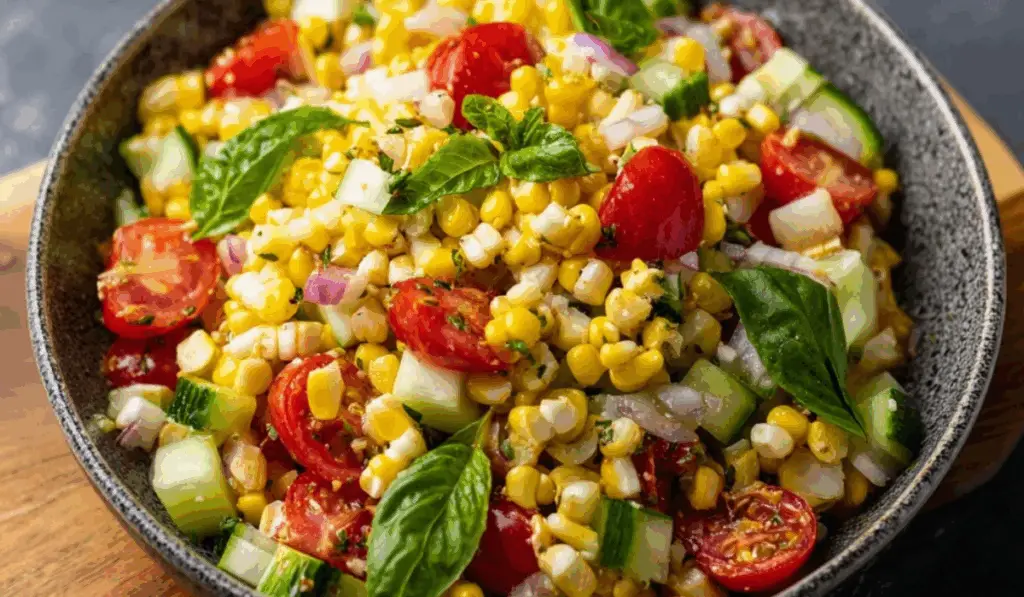 Summer Fresh Corn Salad with corn, tomatoes, cucumber, red onion, and fresh basil