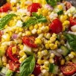 Summer Fresh Corn Salad with corn, tomatoes, cucumber, red onion, and fresh basil