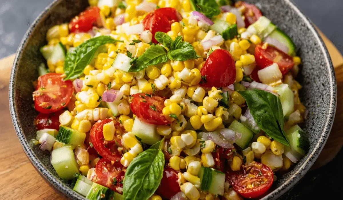Summer Fresh Corn Salad with corn, tomatoes, cucumber, red onion, and fresh basil