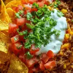 Taco Rice Bowl with Doritos, seasoned beef, tomatoes, sour cream, and cilantro