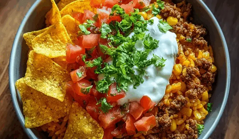 Taco Rice Bowl with Doritos, seasoned beef, tomatoes, sour cream, and cilantro