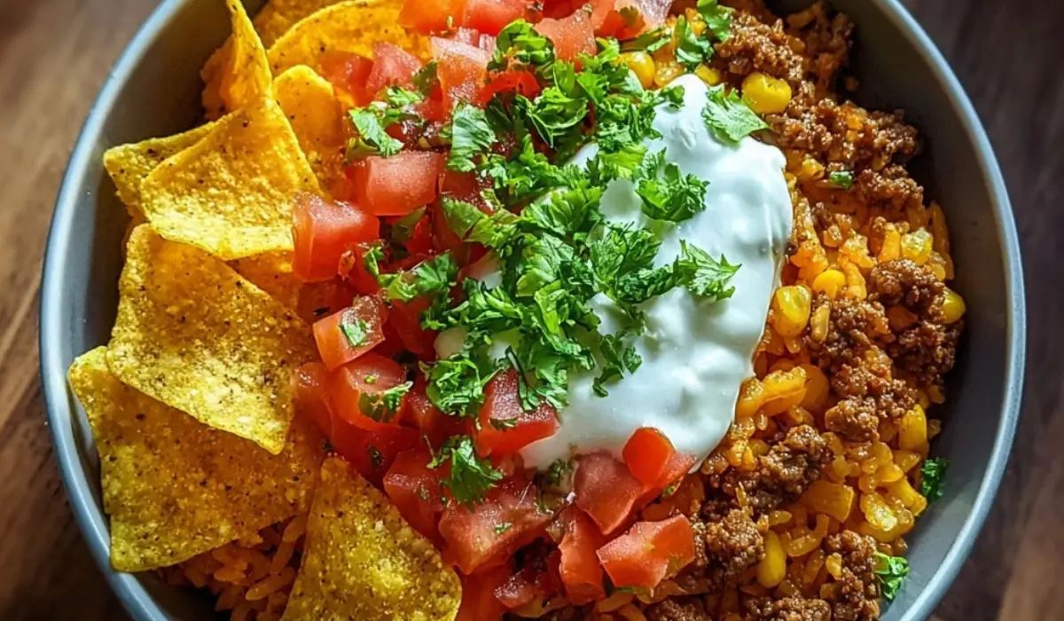 Taco Rice Bowl with Doritos, seasoned beef, tomatoes, sour cream, and cilantro