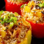 Teriyaki Pineapple Chicken Rice Stuffed Peppers with sesame and scallions