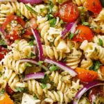 Zesty Italian pasta salad with cherry tomatoes, red onions, and herbs in a bowl