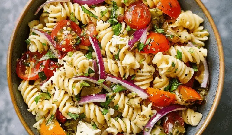 Zesty Italian pasta salad with cherry tomatoes, red onions, and herbs in a bowl