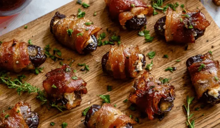Bacon wrapped dates with goat cheese on white plate
