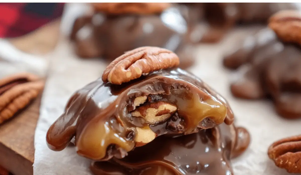 Homemade Turtle Candy on rustic table