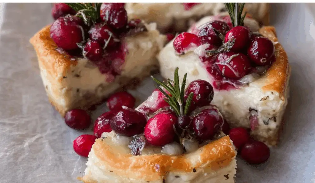 Brie cheese and cranberry Christmas wreath appetizer on holiday table