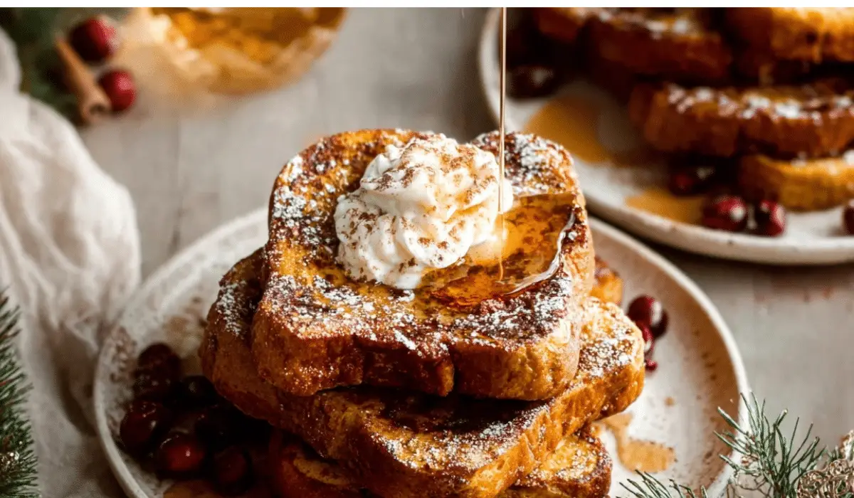 Gingerbread french toast with whipped cream and syrup