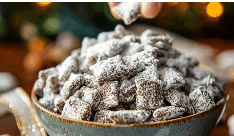 Puppy Chow Recipe aka Muddy Buddies served in a festive bowl on a holiday table