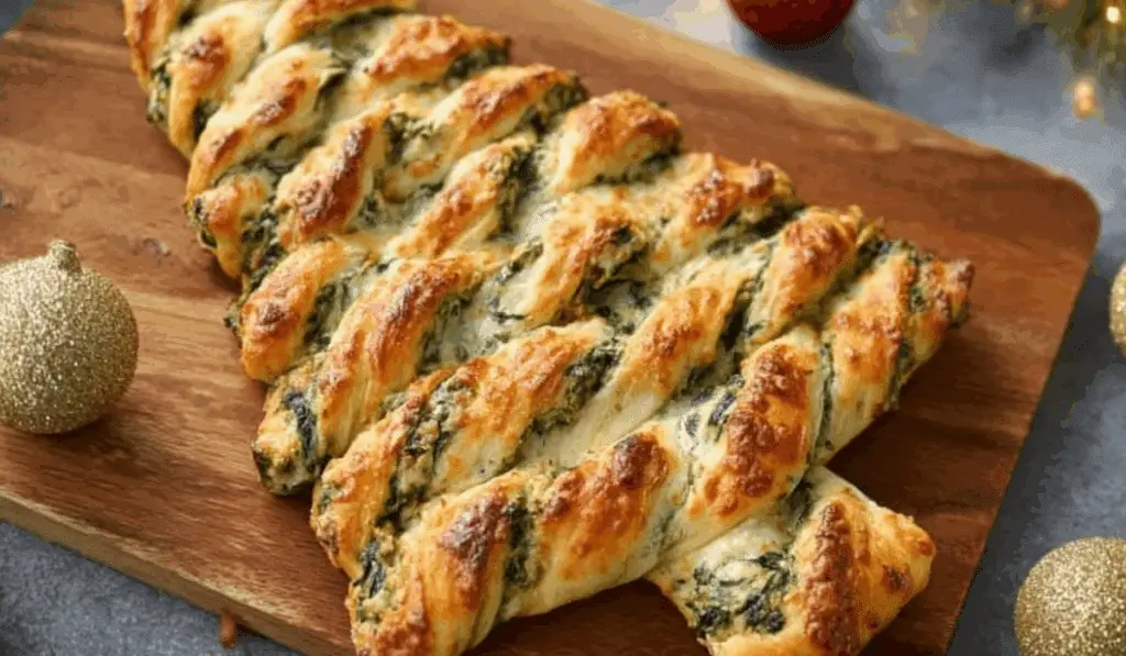 Christmas Tree Spinach Dip Breadsticks on festive table