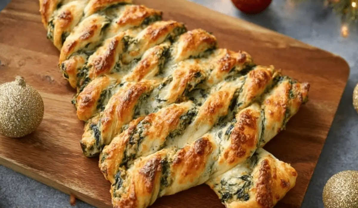 Christmas Tree Spinach Dip Breadsticks on festive table