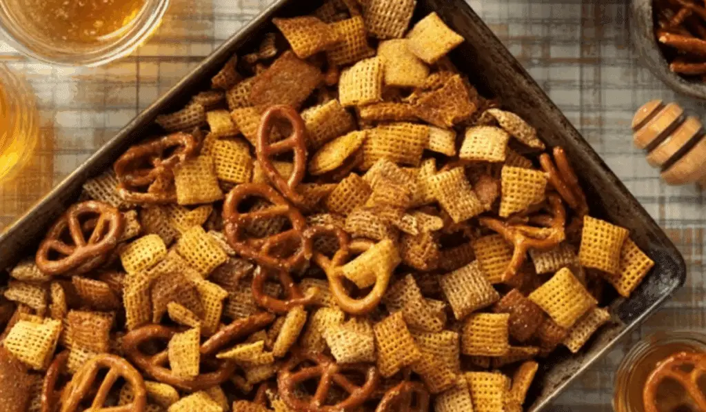 Honey Mustard Chex Mix in rustic bowl