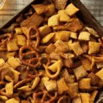 Honey Mustard Chex Mix in rustic bowl