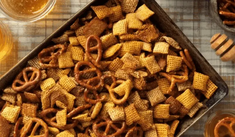 Honey Mustard Chex Mix in rustic bowl