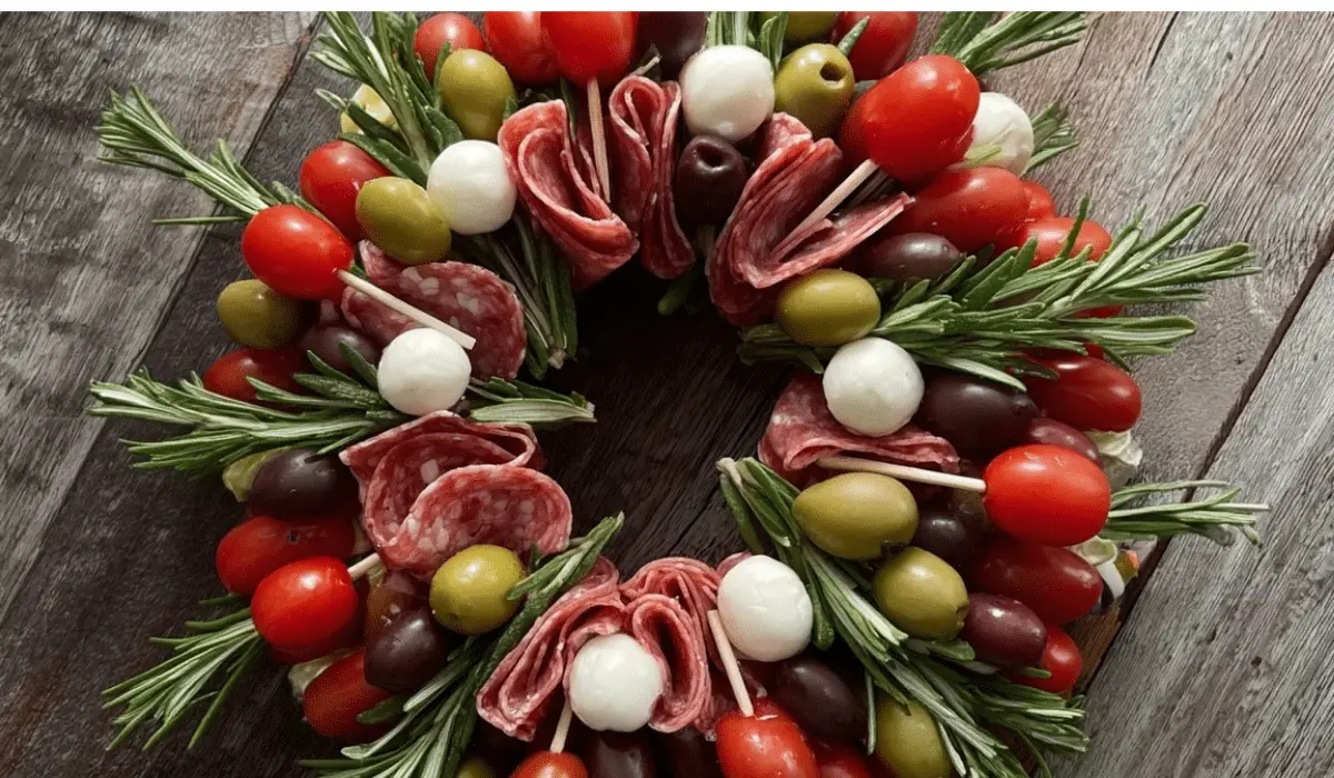 Christmas Antipasto Wreath with holiday decor