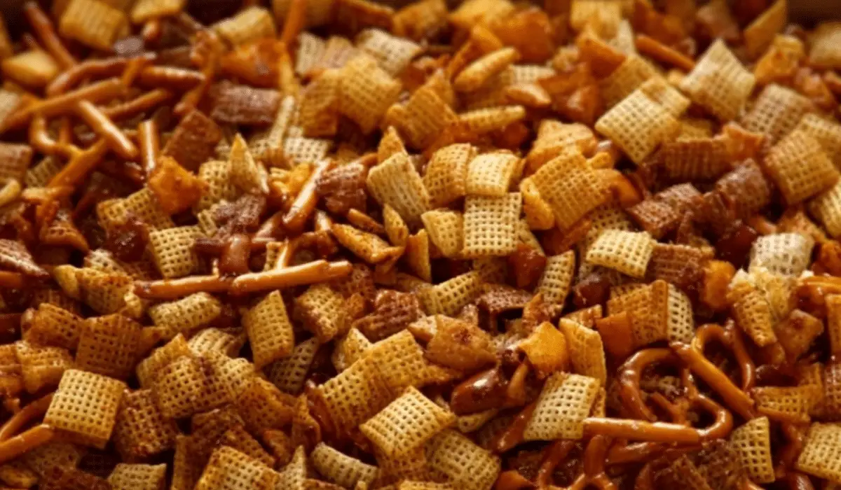 Homemade Chex Mix (Oven or Slow Cooker) in rustic bowl