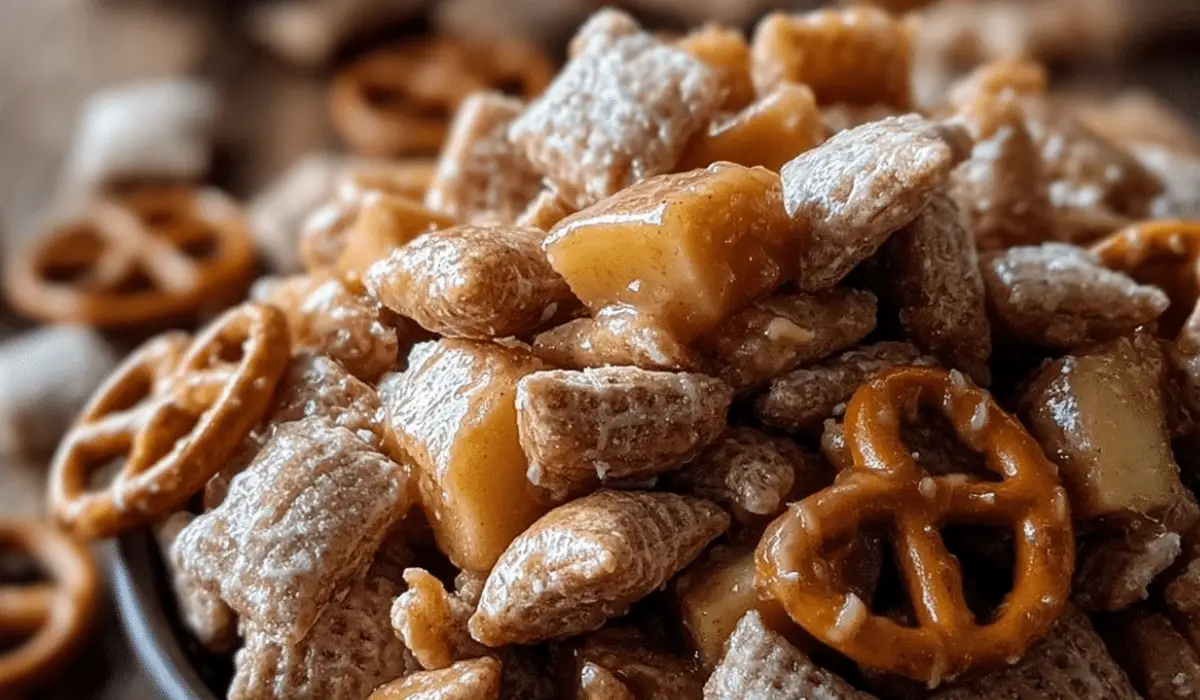 Sweet Caramel Apple Snack Mix in a rustic bowl