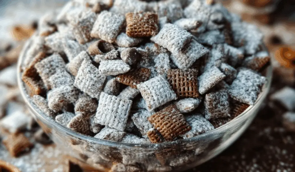 Chex Mix Puppy Chow in rustic bowl