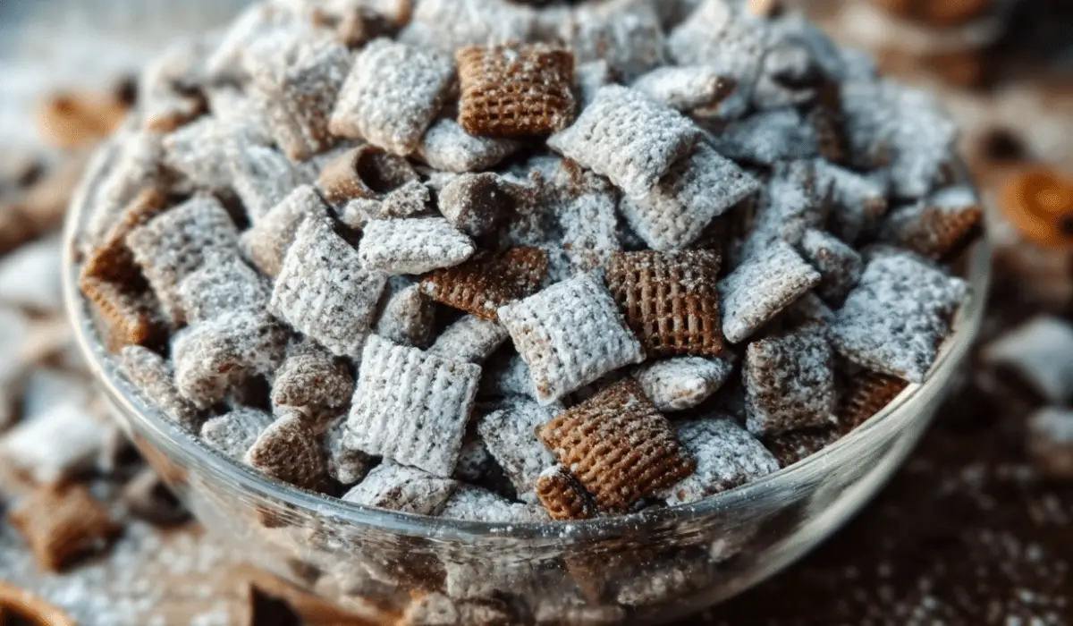 Chex Mix Puppy Chow in rustic bowl