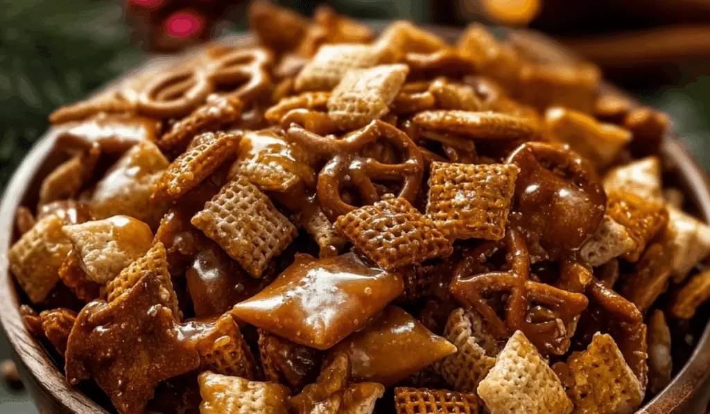 Sweet and Salty Toffee Chex Mix in a holiday bowl