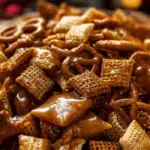 Sweet and Salty Toffee Chex Mix in a holiday bowl