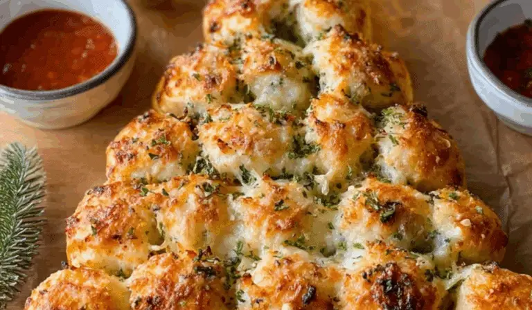Cheesy Pull-Apart Christmas Tree Bread served on holiday table