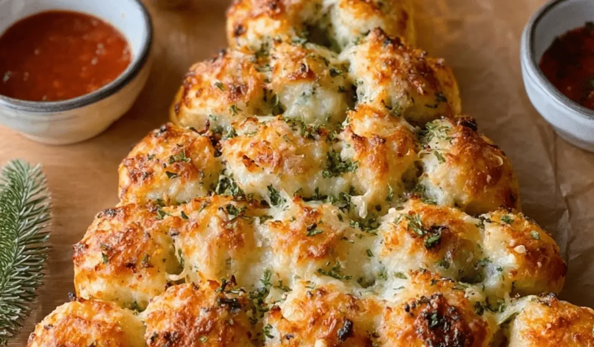 Cheesy Pull-Apart Christmas Tree Bread served on holiday table