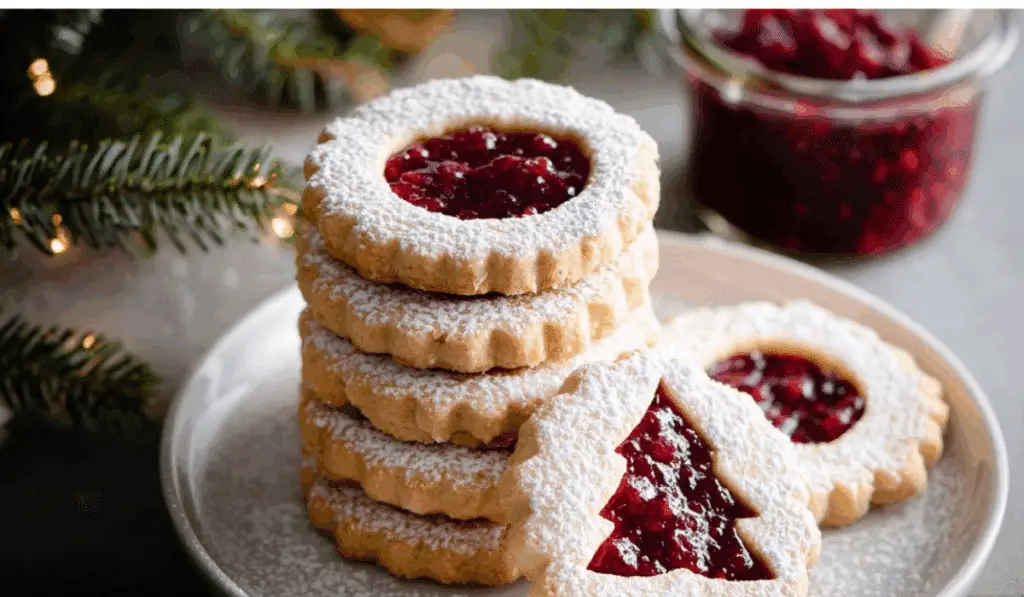 Raspberry Linzer Cookies on a holiday table