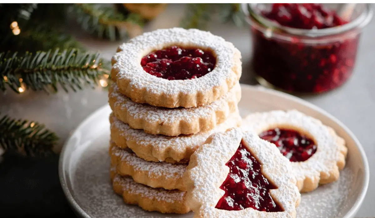 Raspberry Linzer Cookies on a holiday table