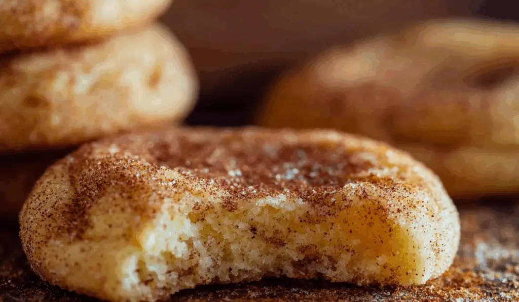 Soft Snickerdoodle Cookies stacked on rustic table