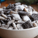 Cookies and Cream Puppy Chow in festive bowl