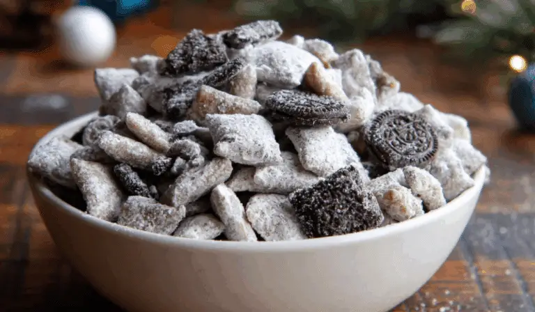 Cookies and Cream Puppy Chow in festive bowl