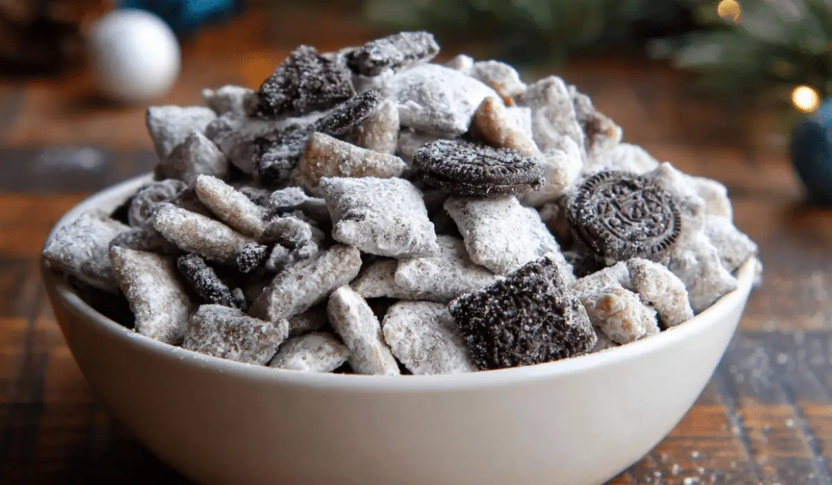 Cookies and Cream Puppy Chow in festive bowl