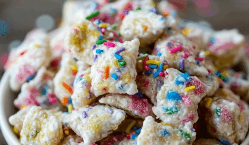 Colorful Cake Batter Puppy Chow in serving bowl