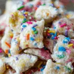 Colorful Cake Batter Puppy Chow in serving bowl