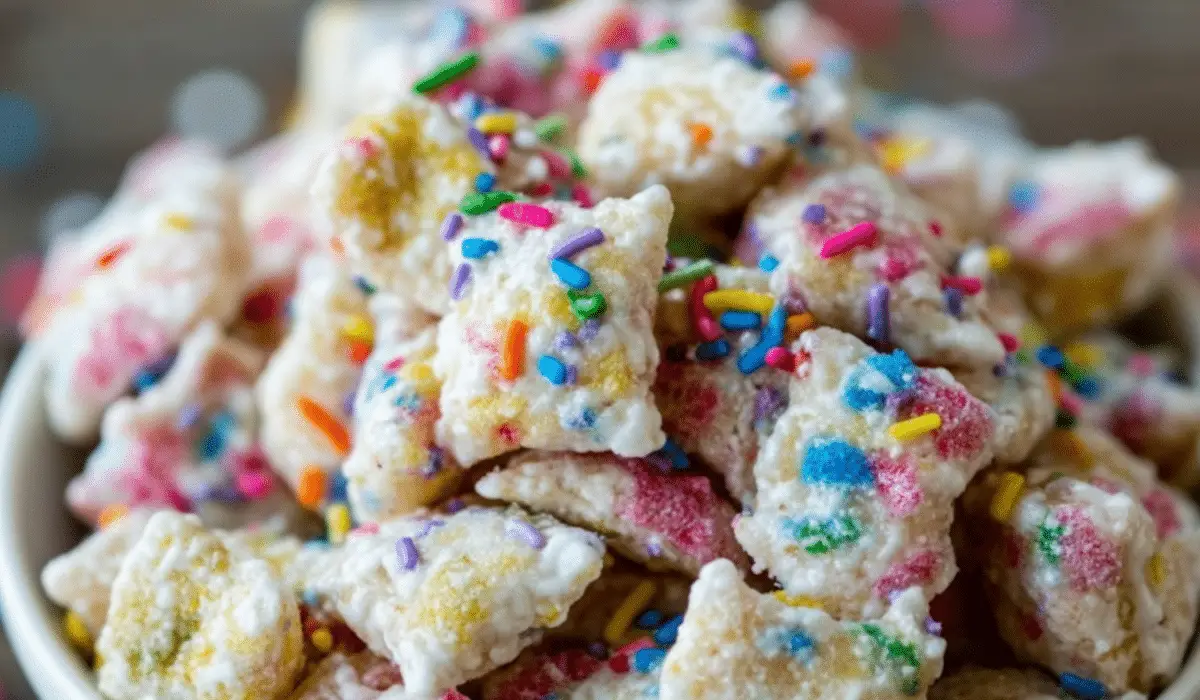 Colorful Cake Batter Puppy Chow in serving bowl