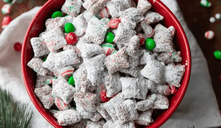 Christmas Puppy Chow holiday bowl with festive candies