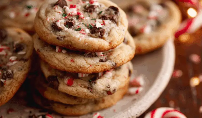 peppermint chocolate chip cookies stacked holiday table
