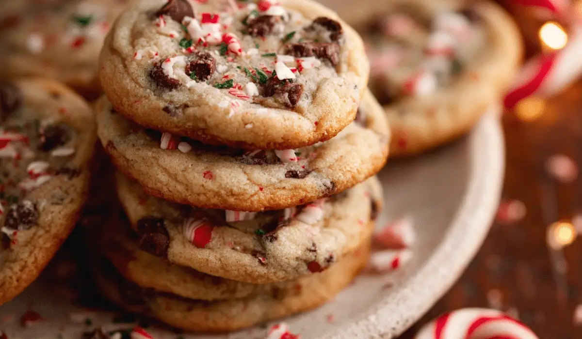 peppermint chocolate chip cookies stacked holiday table