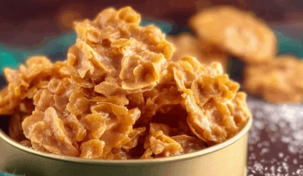 Cornflake Candy stacked in a festive tin