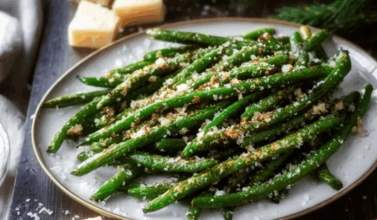 Crispy Oven Baked Green Beans with Parmesan served hot
