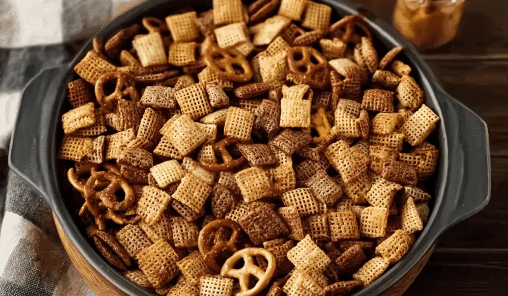 Simple Homemade Chex Mix Classic in a rustic bowl