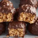 Crispy Rice Peanut Butter Treats stacked on plate