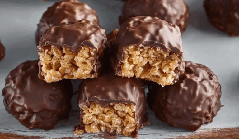 Crispy Rice Peanut Butter Treats stacked on plate