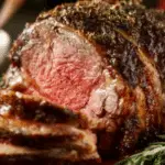 Classic Christmas Prime Rib roast on holiday table
